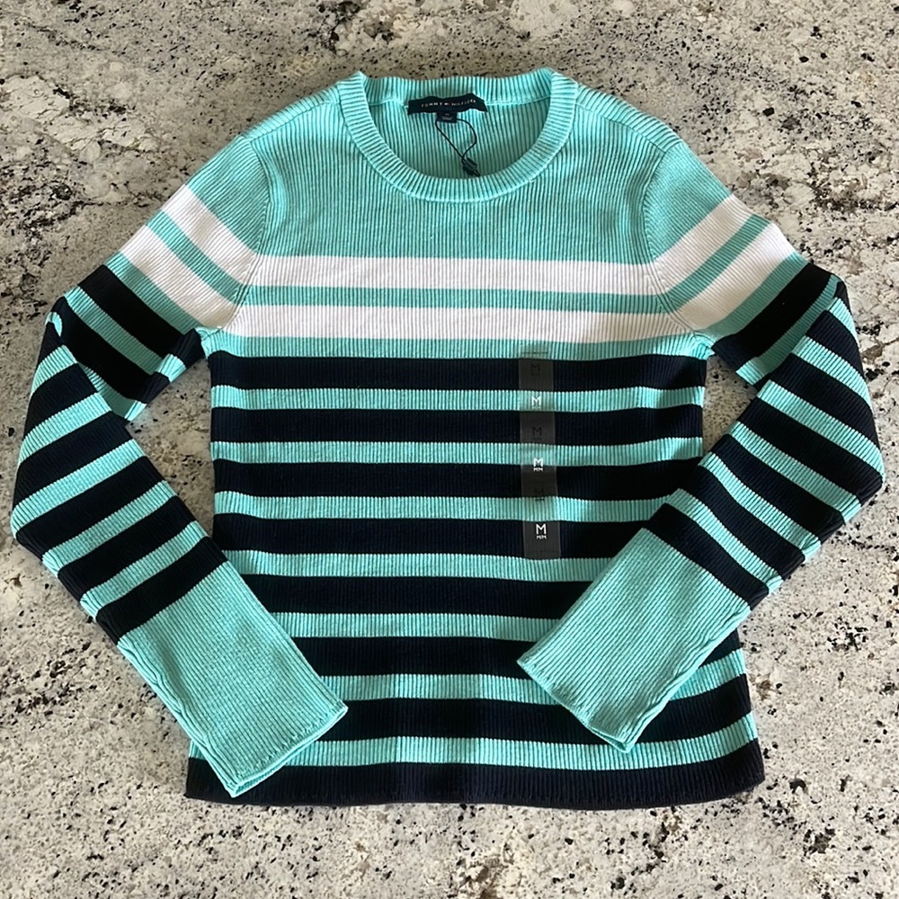 Tommy Hilfiger Mint, Navy & White Striped Crew Neck Sweater Medium NWT